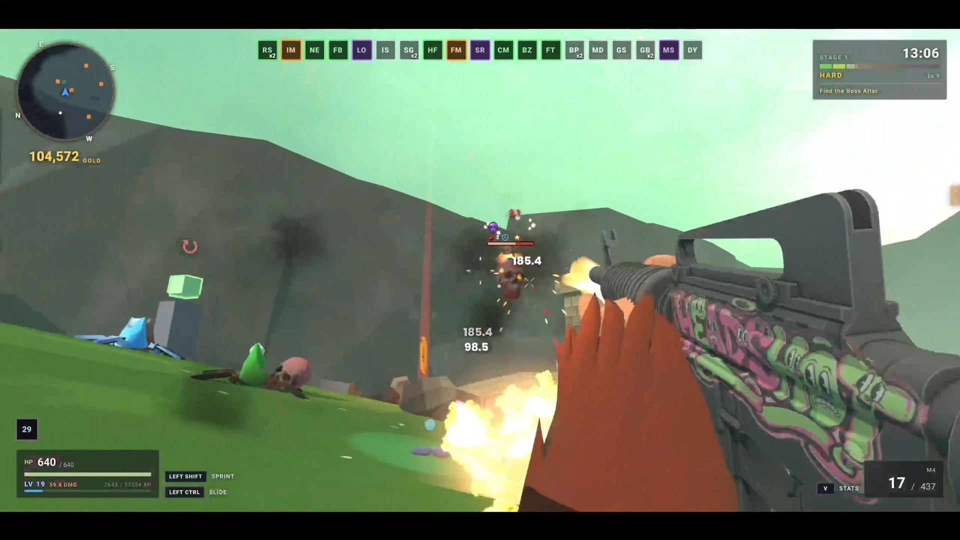 First-person Ape Squad combat with enemy damage numbers, upgrades, and a customised rifle